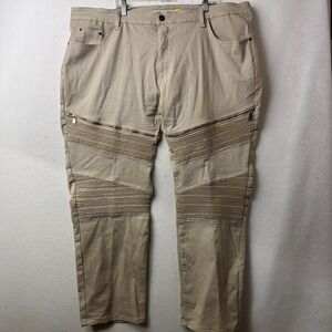 Lion Dynasty Mens Moto Biker Pants Tan Khaki Ribbed Panel Zipper Detail Trousers